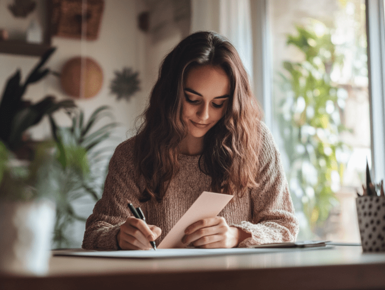Woman writing a personalized message inside of a greeting card while sitting at a desk.
