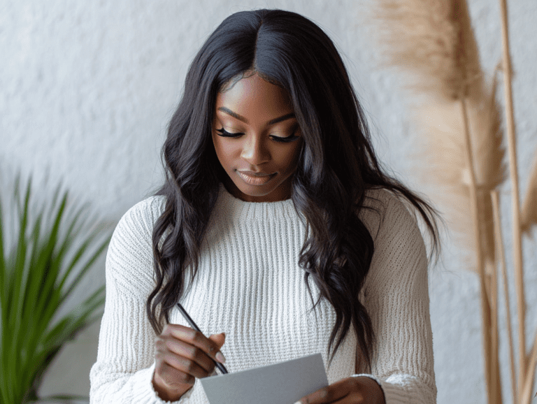 woman wearing a sweater writing a personal message on a greeting card