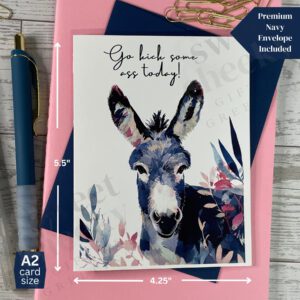 Encouragement greeting card featuring a donkey and message "Go kick some ass today!"