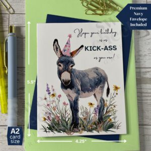 birthday donkey Greeting card featuring a cute donkey in a party hat with message "Hope your birthday is as KICK-ASS as you are!"