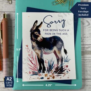 pain in the ass donkey Greeting card featuring a cute donkey with message "Sorry for being such a pain in the ass."