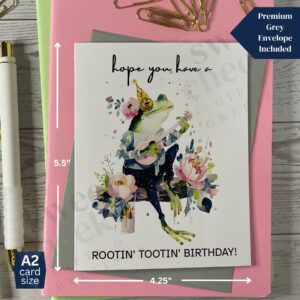 Greeting card featuring Rootin' Tootin' Birthday Country frog playing blue grass acoustic guitar in the woods