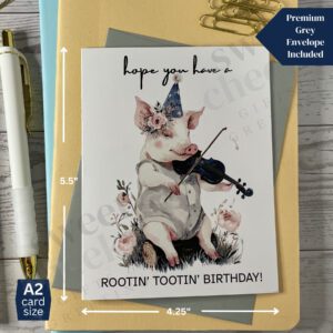 Greeting card featuring Rootin' Tootin' Birthday Country pig playing blue grass violin in the woods