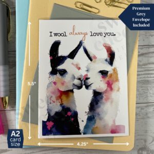 Love greeting card featuring a pair of llamas and message "I wool always love you"