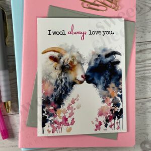 Love greeting card featuring a pair of cashmere goats and message "I wool always love you"