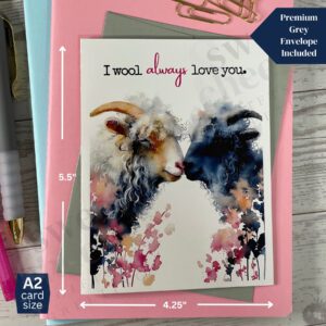 Love greeting card featuring a pair of cashmere goats and message "I wool always love you"