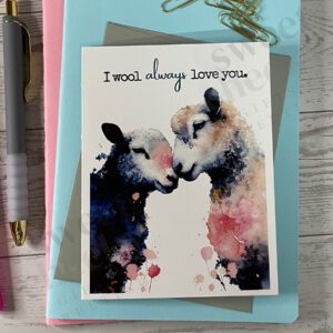 Love greeting card featuring a pair of goats and message "I wool always love you"