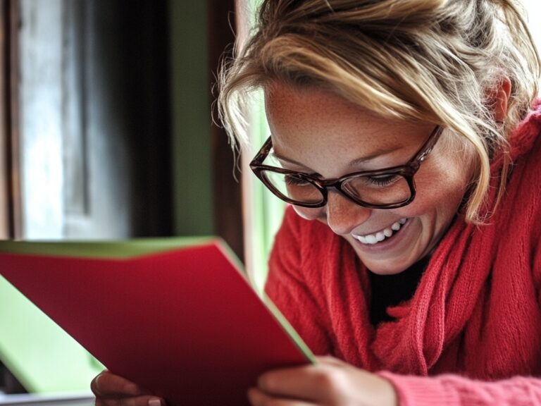 woman opening a greeting card with a smile on her face