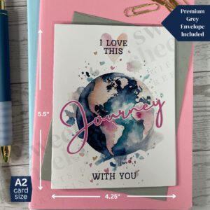Adorable anniversary card features globe and the phrase "I love this journey with you"