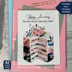 Greeting card with top of the cake and message "Happy Anniversary you two still take the cake!"