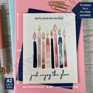 Cheeky sarcastic birthday card with candles and message " don't count the candles, just enjoy the glow"