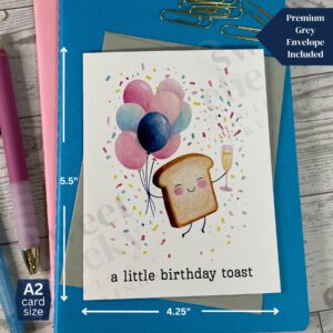 Greeting card featuring small toast holding champagne and balloons with message "a little birthday toast"