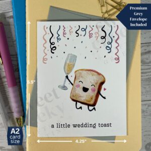 Greeting card featuring a happy small toast holding a glass of champagne and celebrating with message "a little wedding toast"