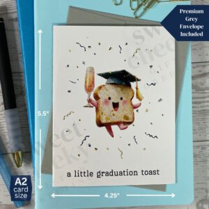 Cute greeting card featuring small toast with a glass of champagne celebrating graduate wearing grad cap