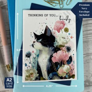 Greeting card featuring a passive aggressive cat with message "thinking of you... briefly"
