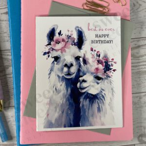 greeting card collection featuring a pair of sibling llamas and the message "best sis ever Happy Birthday"