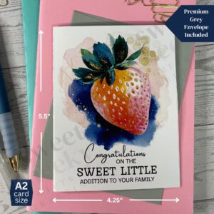 new parent greeting card featuring a sweet strawberry and message "congratulations on the sweet little addition to your family"