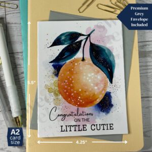 Greeting card featuring tangerine with message "Congratulations on your little cutie"