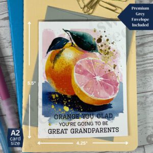 greeting card featuring message "orange you glad you're going to be great grandparents"