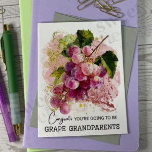 Greeting card featuring purple grapes and message about becoming grape grandparents