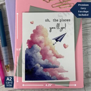 Greeting card featuring colorful clouds with paper airplane and the message "oh, the places you'll go"