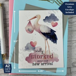 greeting card for new parents with message "totally storked about your new arrival"