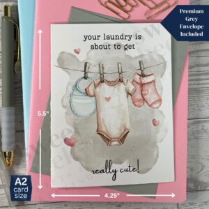 Greeting card featuring cute baby laundry hanging to dry on a line with message "your laundry is about to get really cute!"
