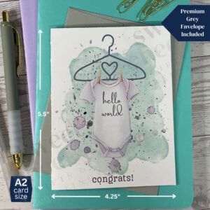 Cute green new baby greeting card announcement featuring onsie with text "hello world" and below "congrats!"
