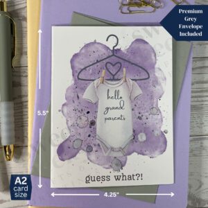 Cute lavender new baby greeting card announcement featuring onsie with text "hello grandparents" and below "guess what?!"