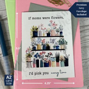 Greeting card for mother's day featuring shelves full of plants and flowers and message "if moms were flowers, I'd pick you every time"