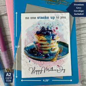 Greeting card for mother's day featuring blueberry pancake stack and message "no one stacks up to you Happy Mothers Day"