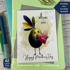 Greeting card featuring an olive hugging a heart with the word "mom" with message "olive you"