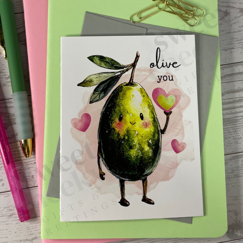 Cute olive character with a smile and a heart in his hand and says "Olive you" Greeting card
