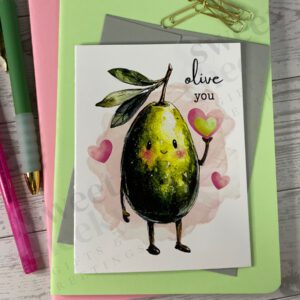 Cute olive character with a smile and a heart in his hand and says "Olive you" Greeting card