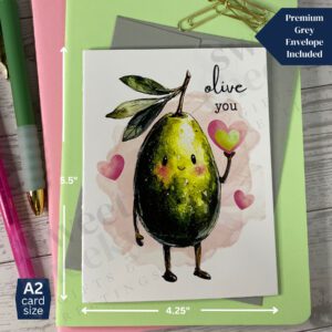 Greeting card featuring a cute olive character with a smile and a heart in his hand and says "Olive you"