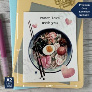 Greeting card featuring a bowl of ramen noodles that says "ramen love with you"