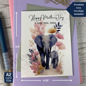 Mother's Day Greeting card featuring mom and baby elephant "I love you tons"