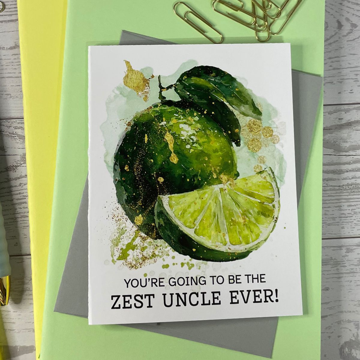 Cute greeting card for brother baby announcement "You're going to be the zest uncle ever" featuring limes